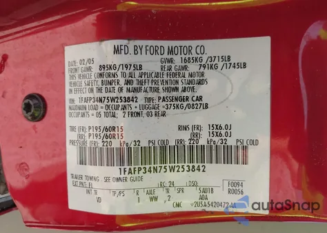 2005 Ford Focus Zx4 из США, поврежденный, VIN 1FAFP34N75W253842